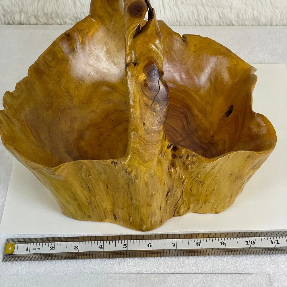 MCM Artisan Vintage Hand Carved Live Edge Burl Wood Basket Rustic Fruit Bowl